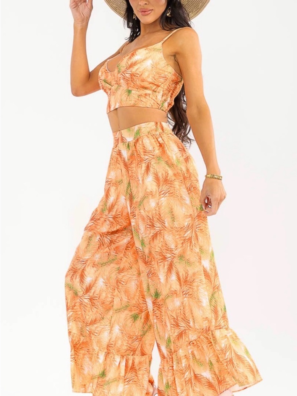 Women's Orange Tropical Print Wide-Leg Pant set